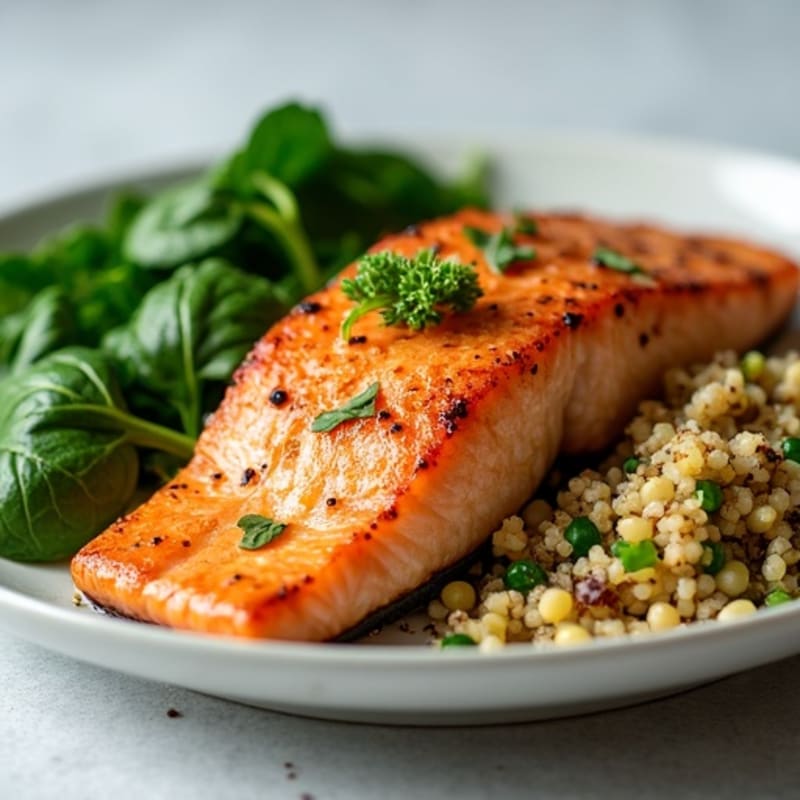 Pan-Seared Salmon with Garlicky Sautéed Greens and Quinoa