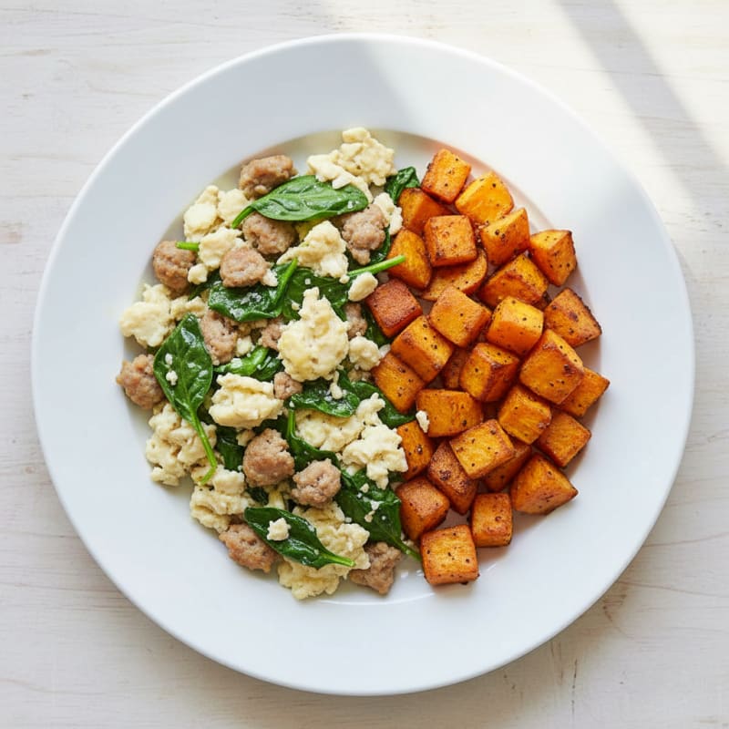 Egg White and Turkey Sausage Scramble with Spinach and Roasted Sweet Potatoes