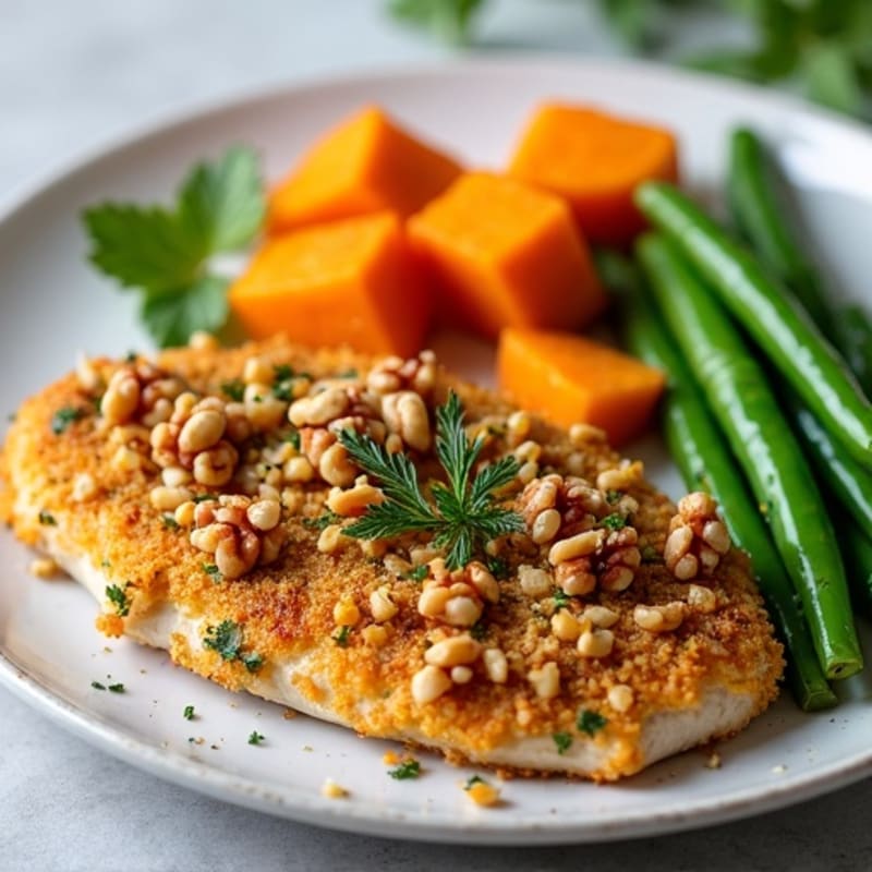 Crispy Herb-Nut Crusted Chicken Breast with Roasted Sweet Potatoes and Tender Green Beans