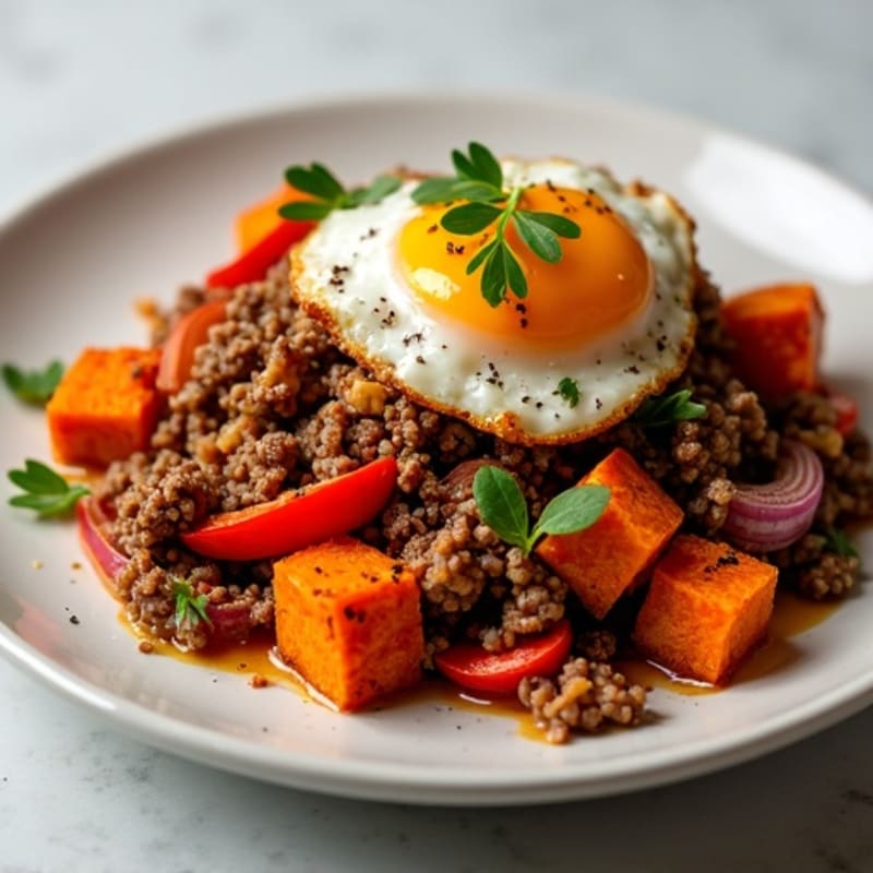 Sweet Potato Hash with Lean Ground Beef and Roasted Vegetables