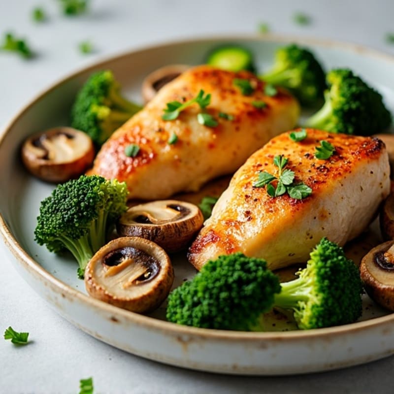 Sheet Pan Garlic Butter Chicken and Roasted Mushrooms with Broccoli