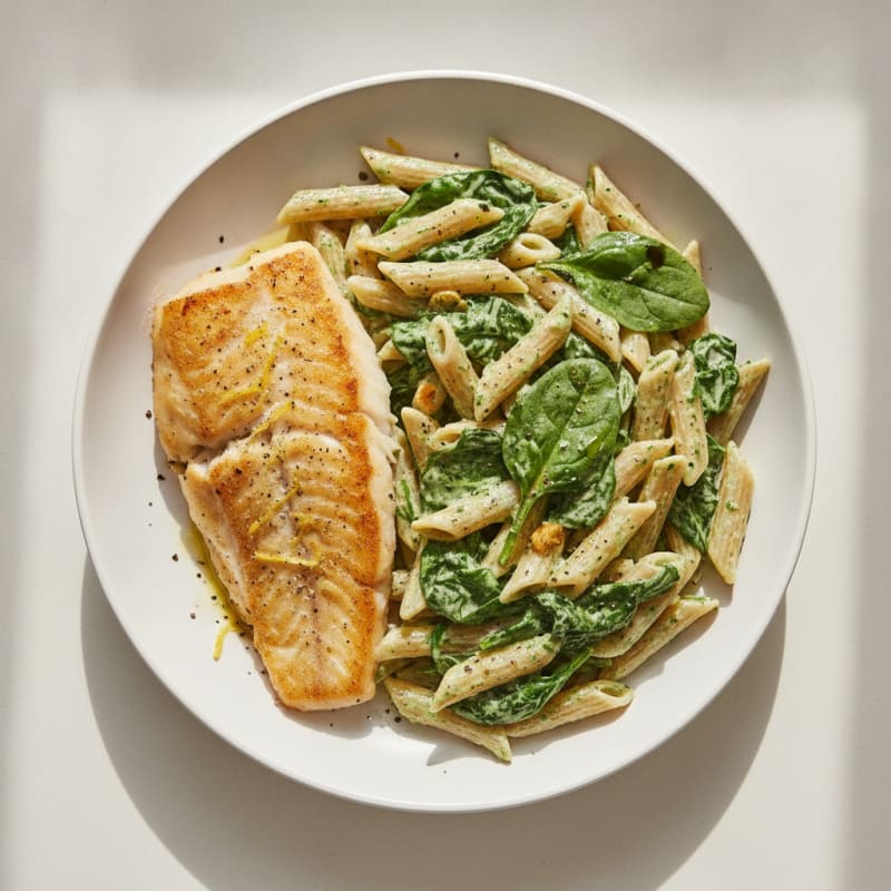 Baked Haddock with Creamy Spinach Pasta