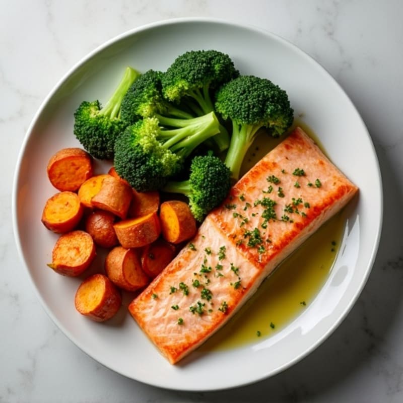 Pan-Seared Salmon with Roasted Sweet Potatoes and Steamed Broccoli
