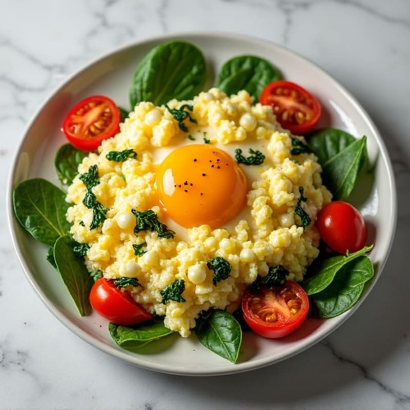 Fluffy Scrambled Eggs with Fresh Spinach and Cherry Tomatoes