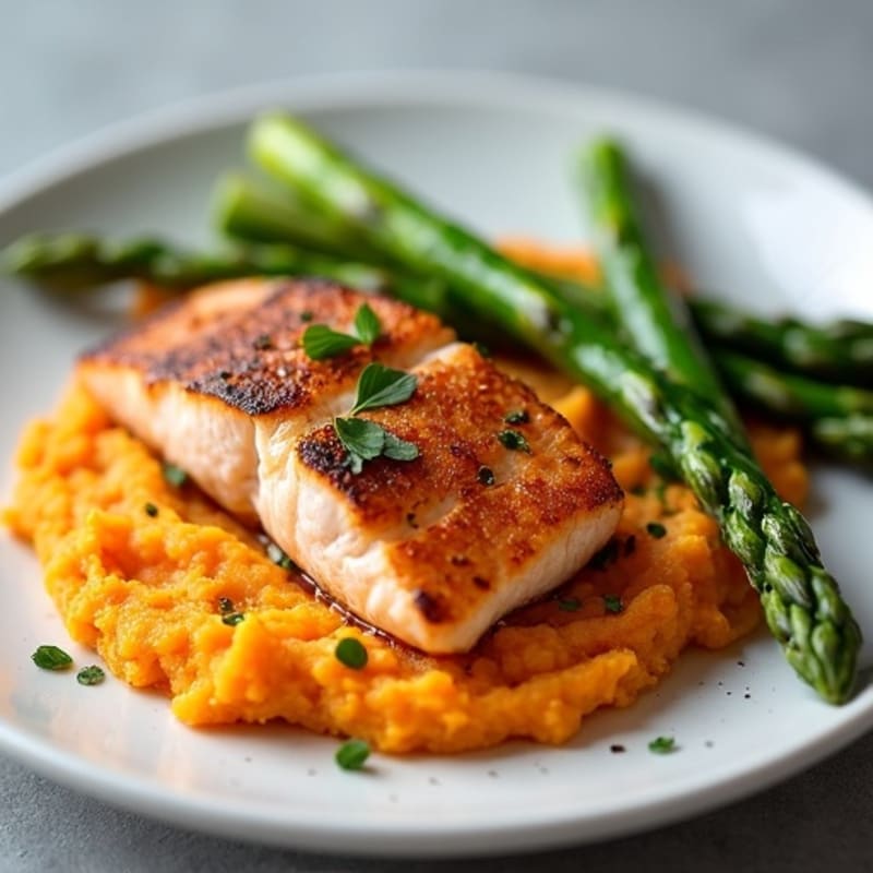 Seared Salmon Fillet with Roasted Asparagus and Sweet Potato Mash