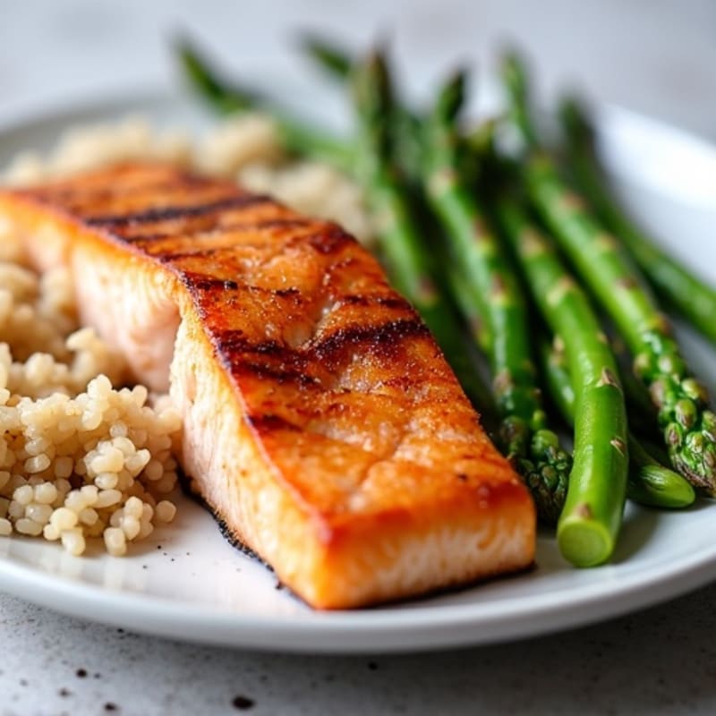 Seared Salmon with Steamed Asparagus and Brown Rice