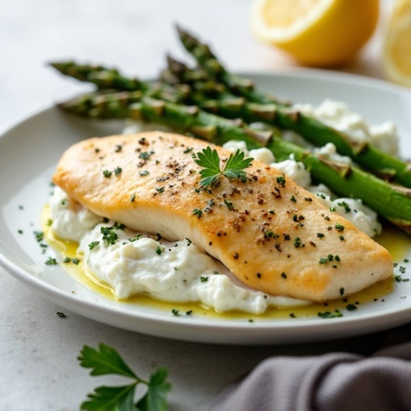 Creamy Lemon-Herb Chicken with Whipped Cottage Cheese and Roasted Asparagus