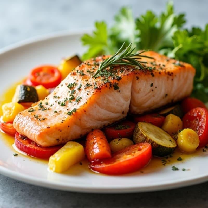 Herb-Crusted Pan Seared Salmon with Roasted Rainbow Vegetables