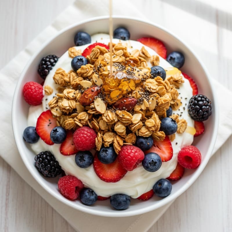 Creamy Greek Yogurt Parfait with Mixed Berries and Almond Granola