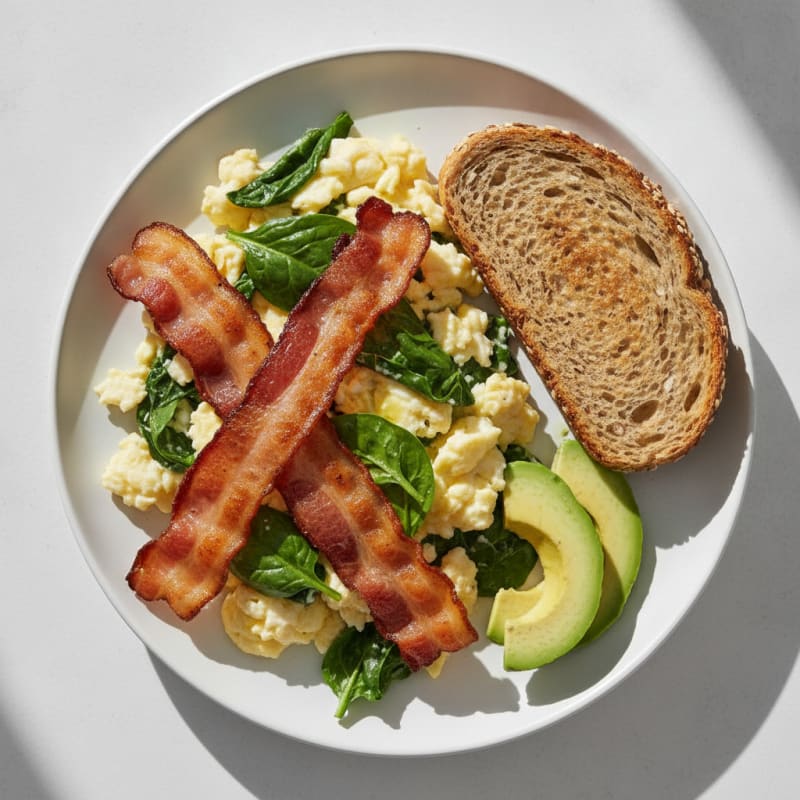 Crispy Turkey Bacon and Egg White Scramble with Spinach