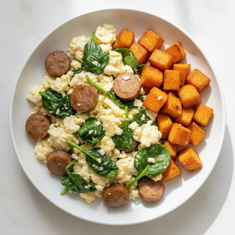 Egg White and Turkey Sausage Scramble with Spinach and Roasted Sweet Potatoes