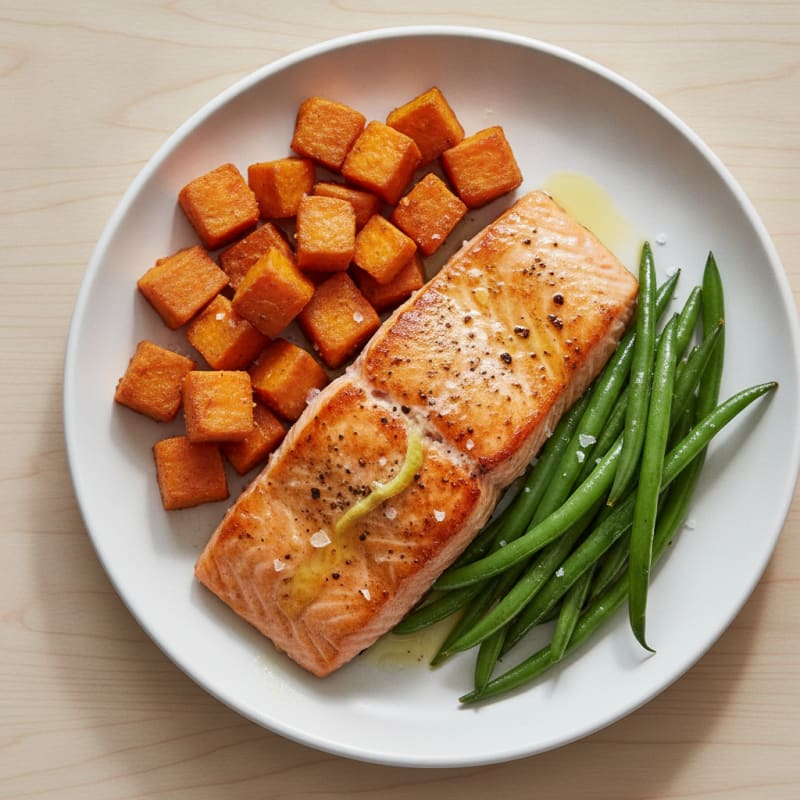 Seared Salmon Fillet with Roasted Sweet Potato and Green Beans