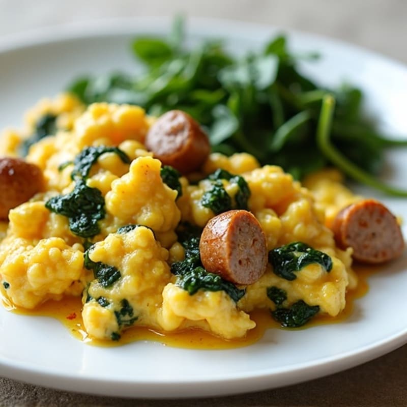 Egg White and Turkey Sausage Scramble with Sautéed Spinach