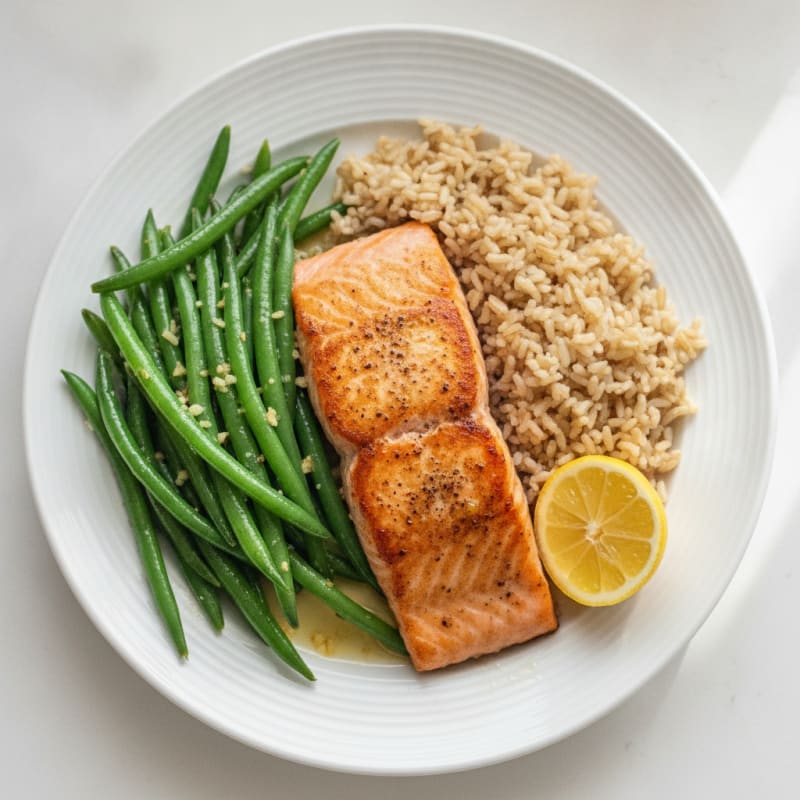 Seared Salmon with Garlic Green Beans and Brown Rice
