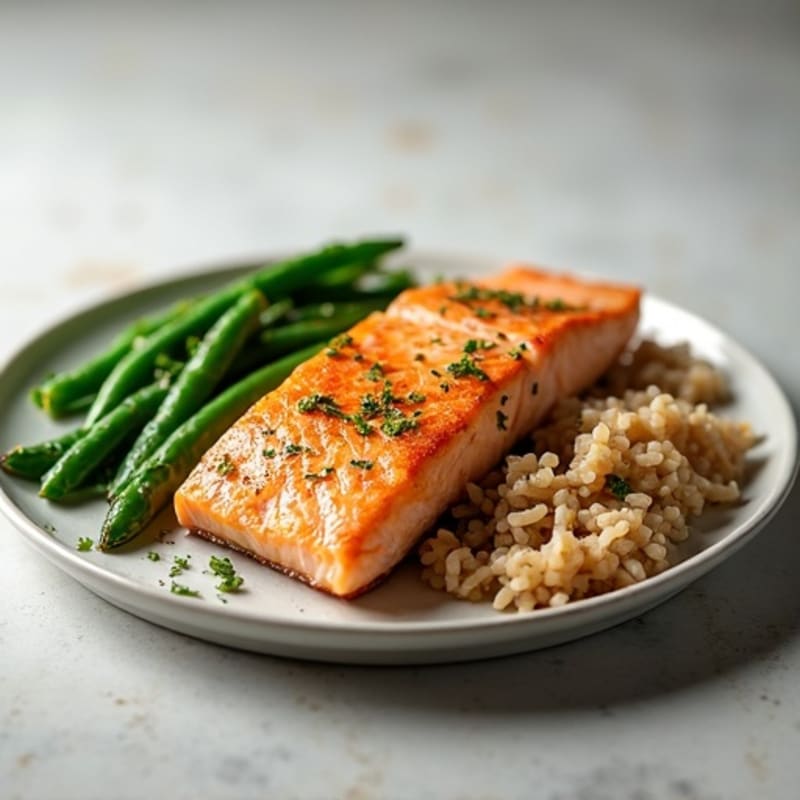 Seared Salmon Fillet with Steamed Green Beans and Brown Rice