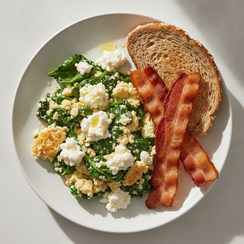 Cottage Cheese Egg White Scramble with Spinach and Turkey Bacon