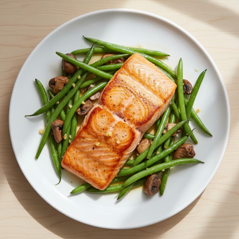 Seared Salmon with Garlicky Green Beans and Sautéed Mushrooms