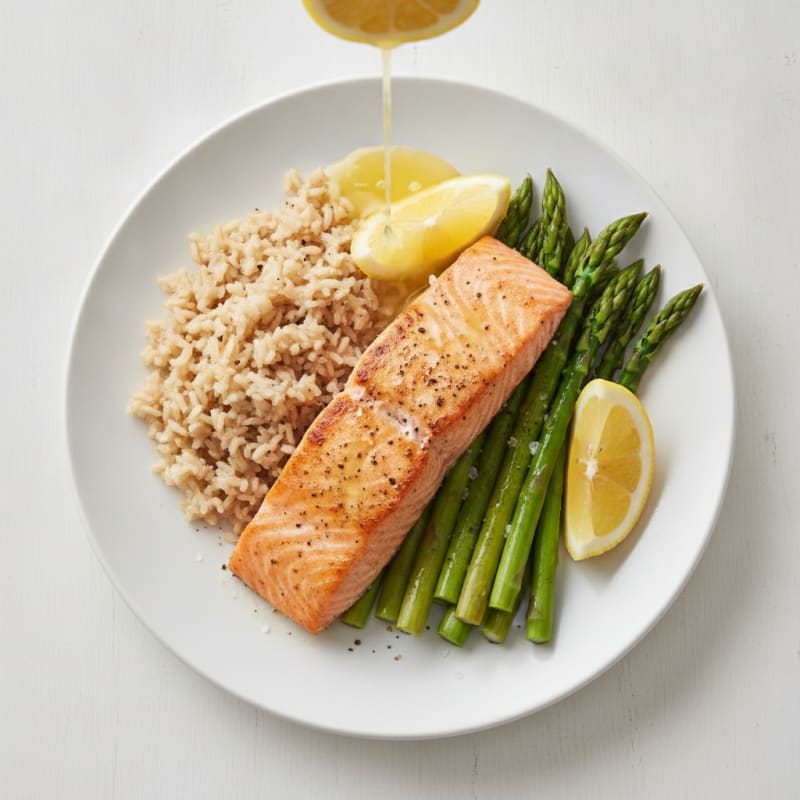 Seared Salmon with Steamed Asparagus and Brown Rice
