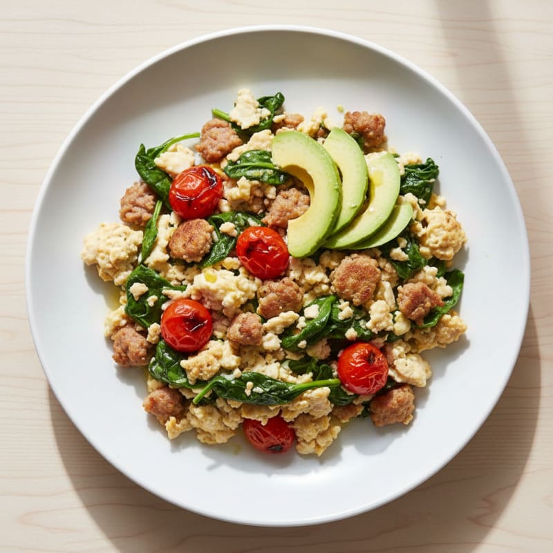 Egg White and Turkey Sausage Scramble with Spinach and Tomatoes