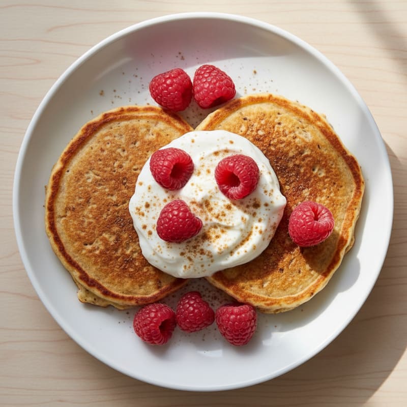 Egg White and Oat Pancakes with Greek Yogurt and Raspberries
