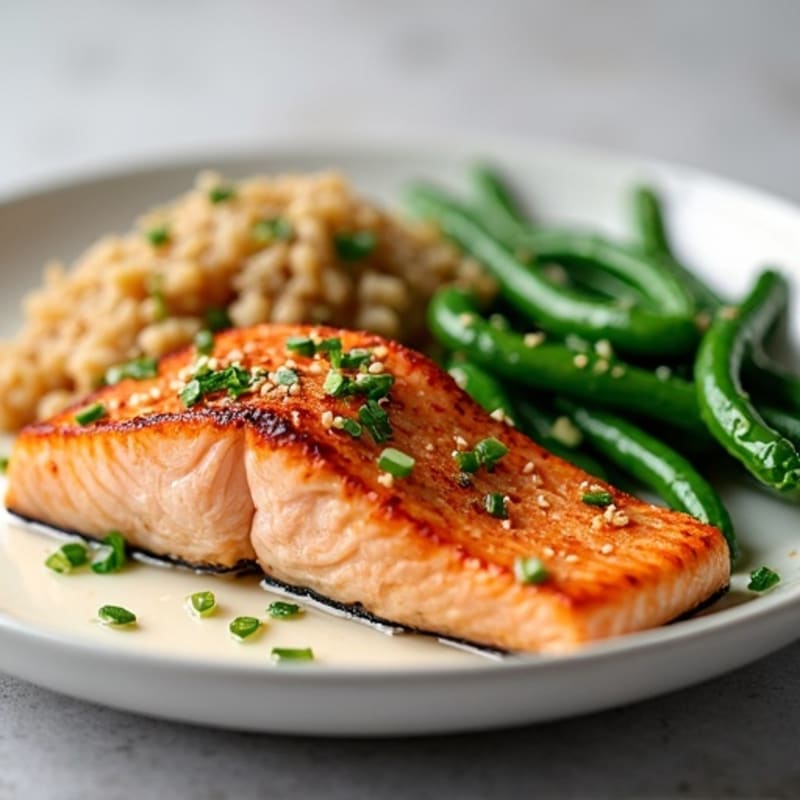 Seared Salmon Fillet with Garlic Green Beans and Brown Rice