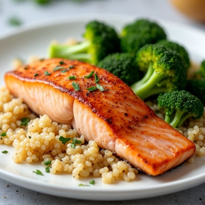 Broiled Salmon Filet with Steamed Broccoli and Quinoa