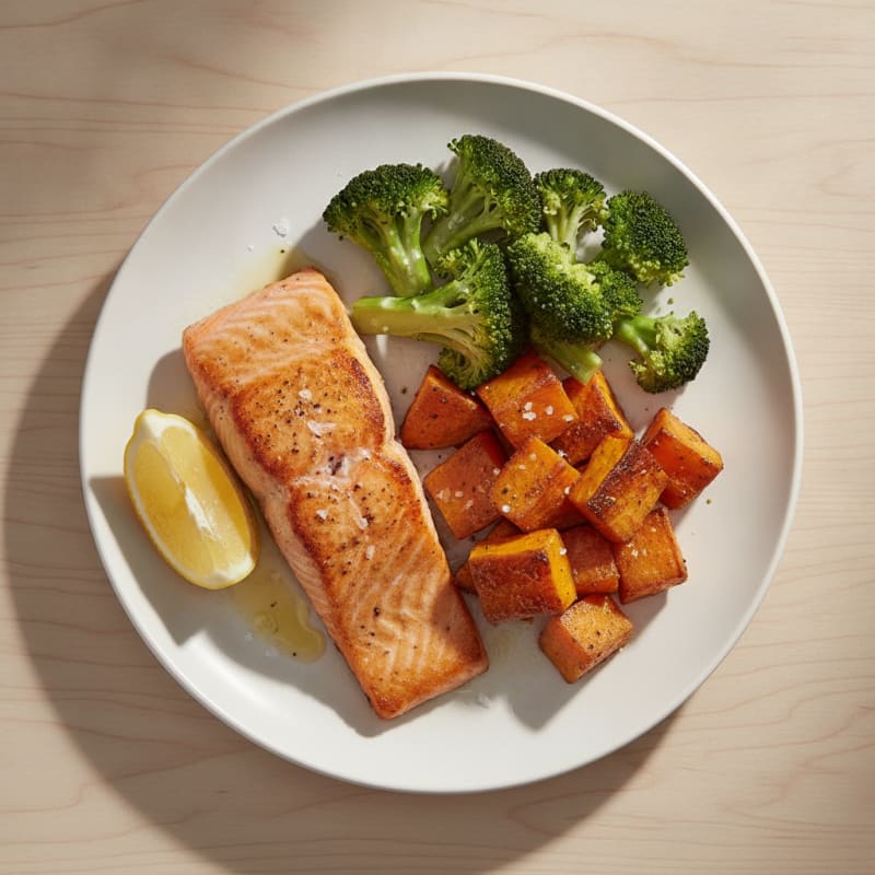 Seared Salmon with Roasted Sweet Potato and Steamed Broccoli