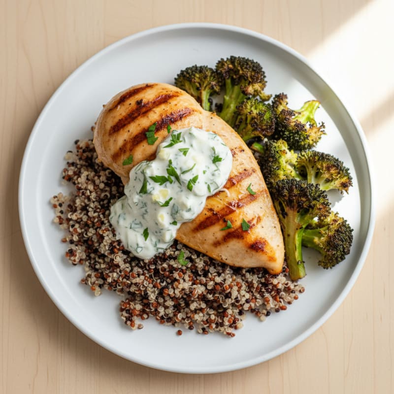 Grilled Chicken Breast with Quinoa, Roasted Broccoli, and Greek Yogurt Herb Sauce