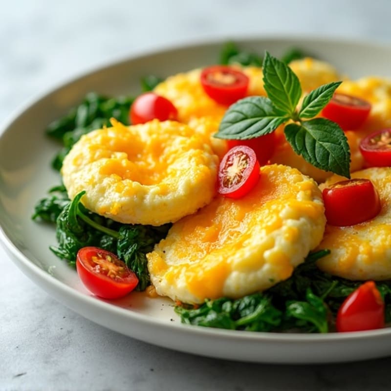 Fluffy Scrambled Eggs with Sautéed Spinach and Cherry Tomatoes
