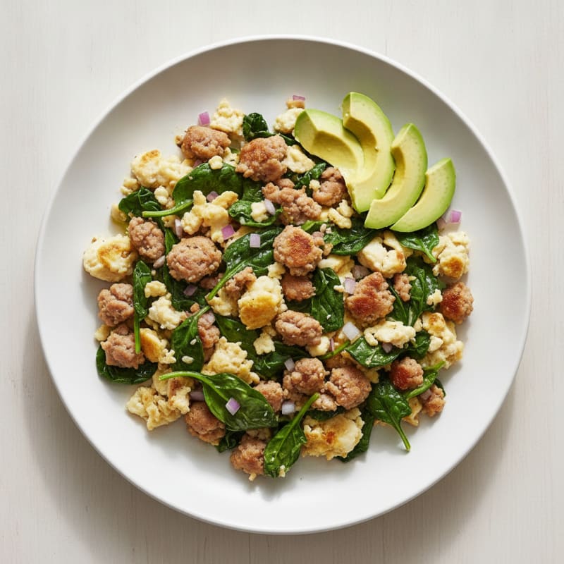 Egg White and Turkey Sausage Scramble with Sautéed Spinach