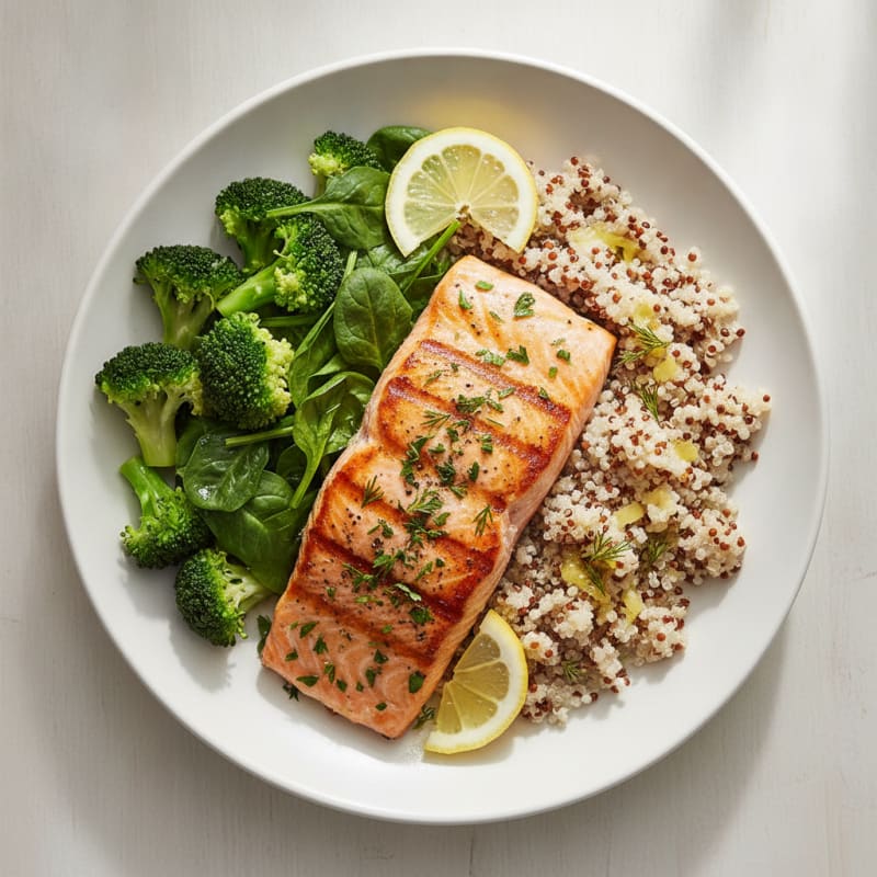 Grilled Lemon Herb Salmon with Quinoa and Steamed Greens