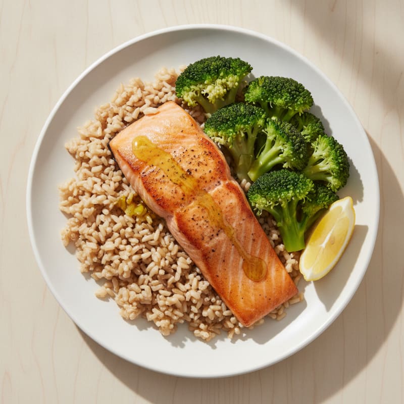 Seared Salmon with Steamed Broccoli and Brown Rice