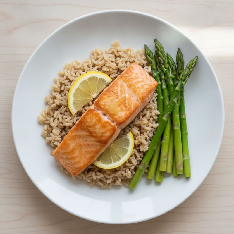 Seared Salmon Fillet with Steamed Asparagus and Brown Rice