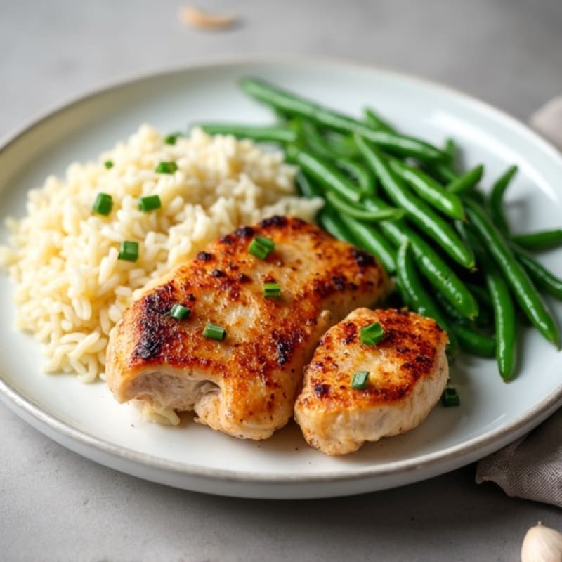 Seared Chicken Thighs with Garlic Rice and Steamed Green Beans