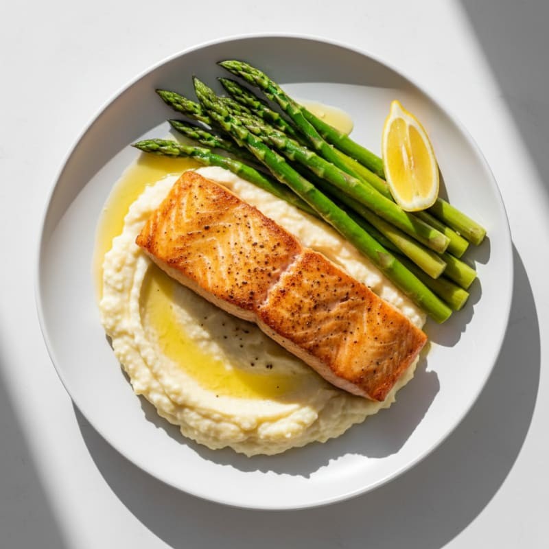 Seared Salmon Fillet with Steamed Asparagus and Cauliflower Mash
