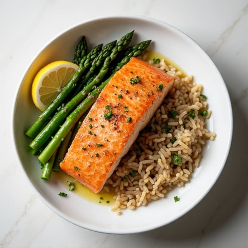 Seared Salmon Fillet with Steamed Asparagus and Brown Rice