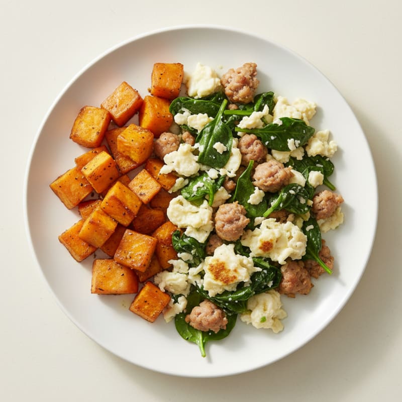 Egg White and Turkey Sausage Scramble with Spinach and Roasted Sweet Potatoes