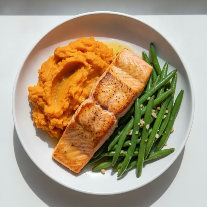 Seared Salmon with Garlic Green Beans and Mashed Sweet Potatoes