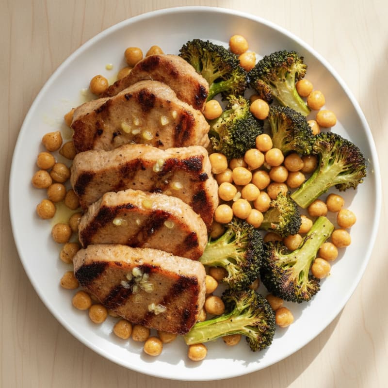 Grilled Seitan with Roasted Broccoli and Chickpeas