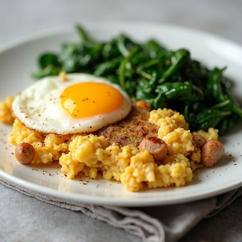 Egg White and Turkey Sausage Scramble with Sautéed Spinach