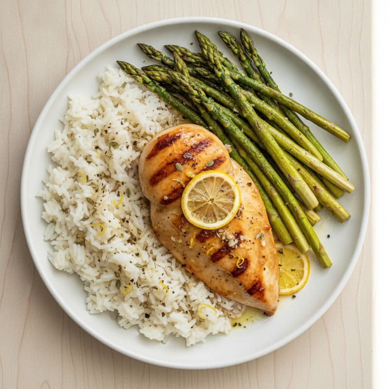 Lemon Herb Chicken with Roasted Asparagus and White Rice