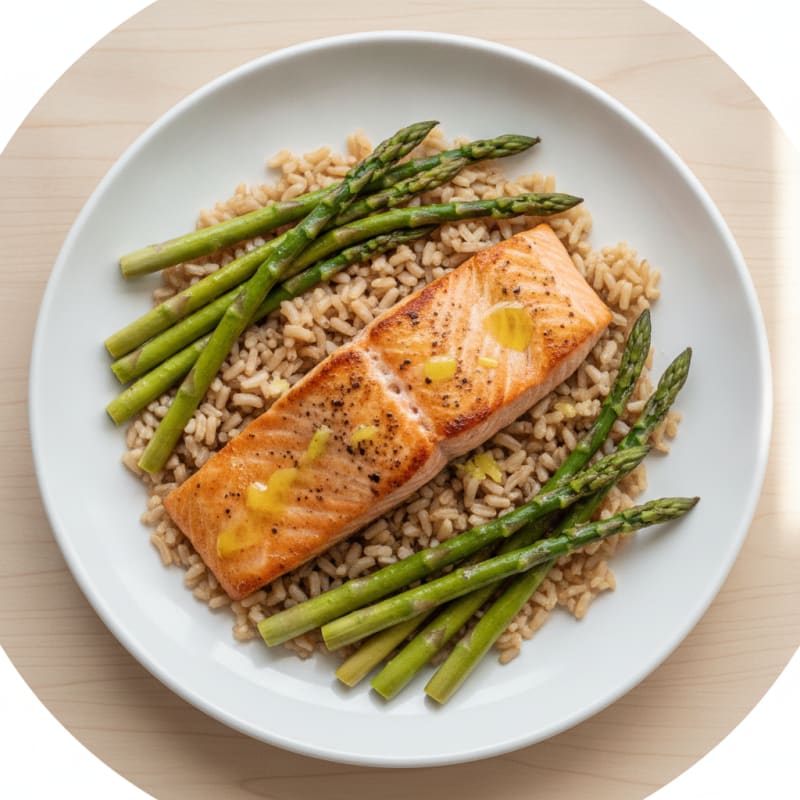 Seared Salmon Fillet with Steamed Asparagus and Brown Rice