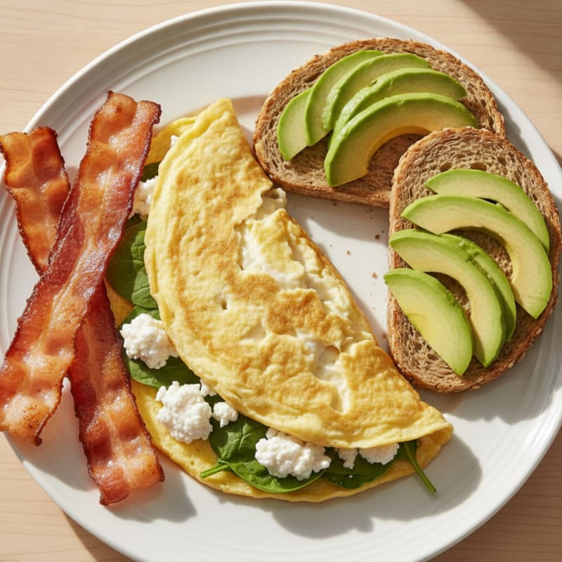 Egg White Spinach Omelette with Cottage Cheese and Turkey Bacon
