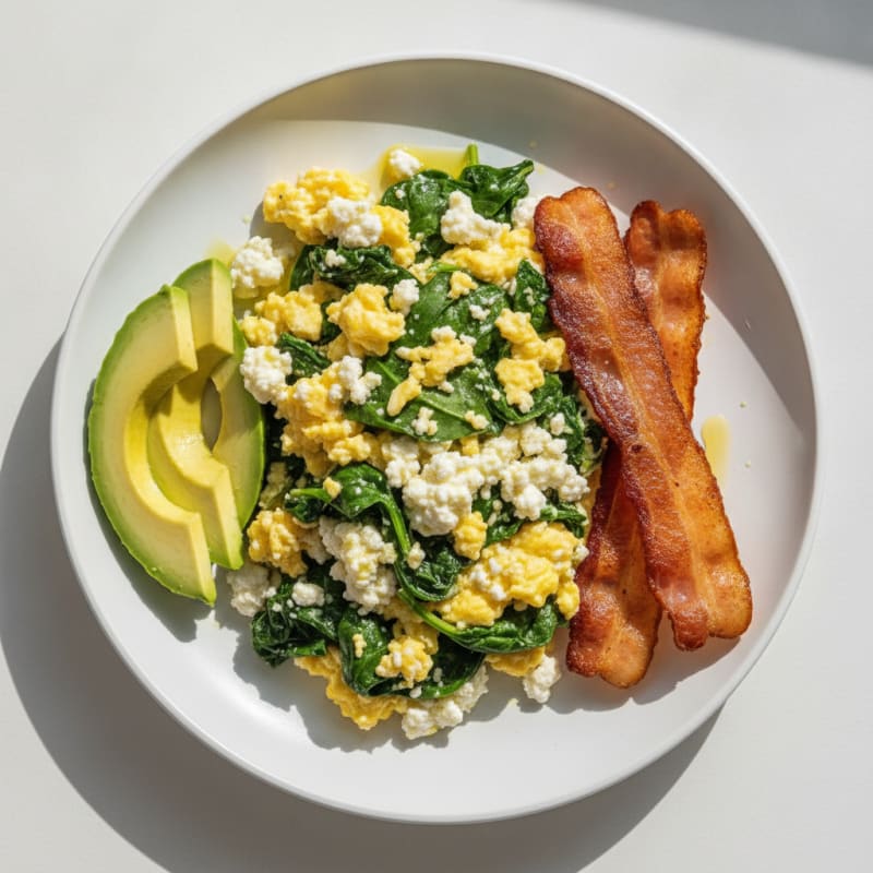 Cottage Cheese Egg Scramble with Spinach and Turkey Bacon