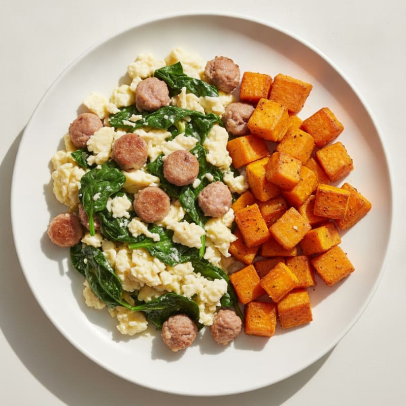 Egg White and Turkey Sausage Scramble with Spinach and Roasted Sweet Potato