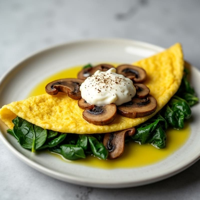Egg White Spinach Omelet with Cottage Cheese and Sautéed Mushrooms
