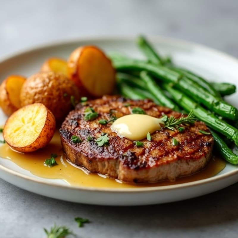 Garlic Butter Steak with Crispy Roasted Potatoes and Tender Green Beans