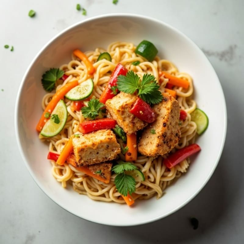 Creamy Peanut Noodles with Crispy Tofu and Fresh Crunchy Vegetables