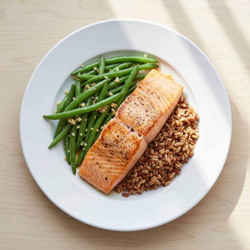 Seared Salmon Fillet with Garlic Green Beans and Brown Rice