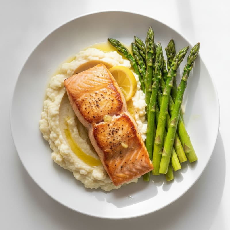 Seared Salmon with Asparagus and Cauliflower Mash